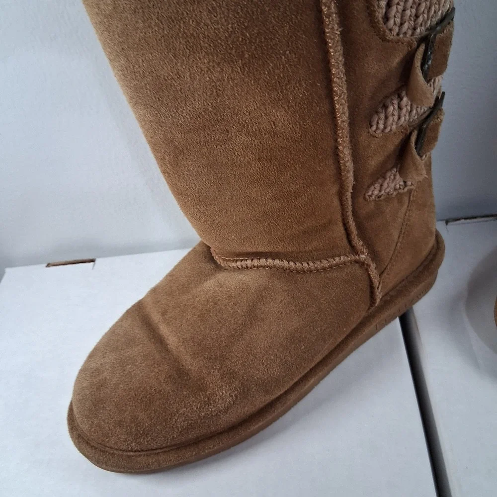 Bearpaw Boshie Youth HIckory Tan Boots Buckle size 5 Suede Sheepskin Wool Lining